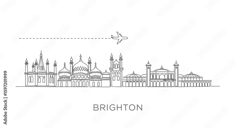 Naklejka premium Brighton Skyline Vector with Plane Travel, and England.