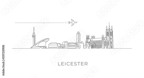 Leicester skyline with UK Cityscape line art.