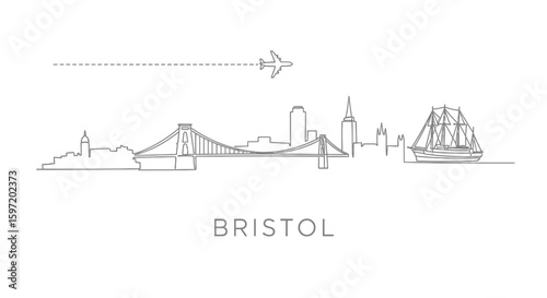 Bristol skyline line art with bridge, ship, and airplane.
