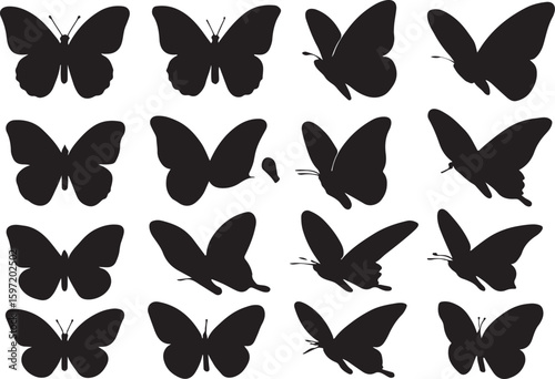 Sixteen black butterfly silhouettes in various poses