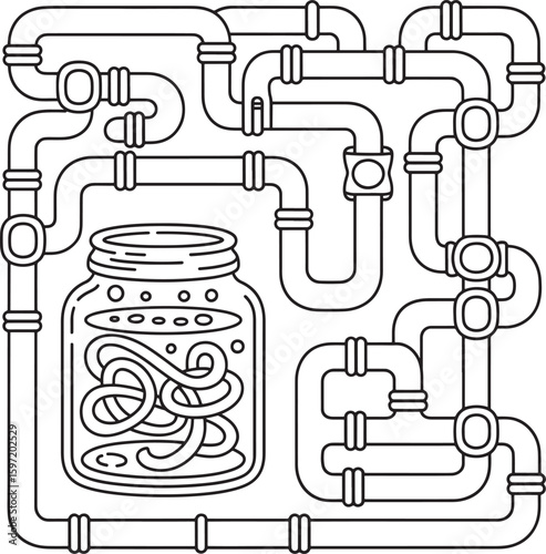 Abstract industrial pipeline system design; jar of swirling lines; monochrome graphic illustration, plumbing