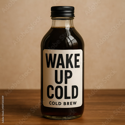 A bottle of cold brew coffee with a black cap sits on a wooden surface