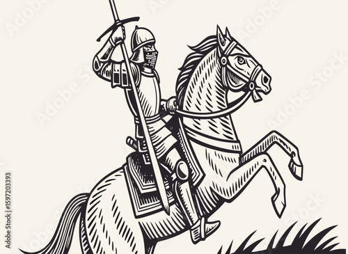Medieval knight in full armor riding a horse with a sword held high against a light background