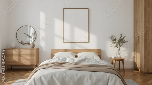 Modern minimalist bedroom interior:  sunlit, calming, neutral tones, wooden furniture,  empty frame mockup.