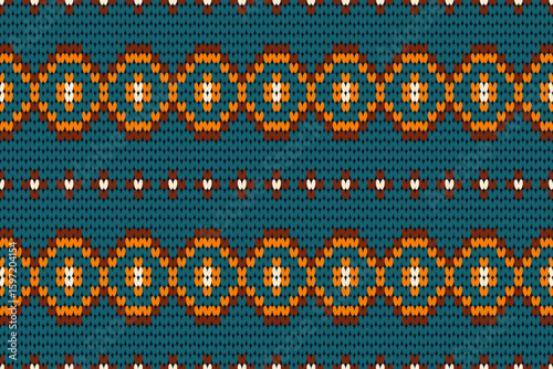Charming knitted pattern with teal, orange, brown, and white circular floral motifs in rows. Perfect for cozy textiles, retro crafts, winter designs, and handmade-inspired creative projects.