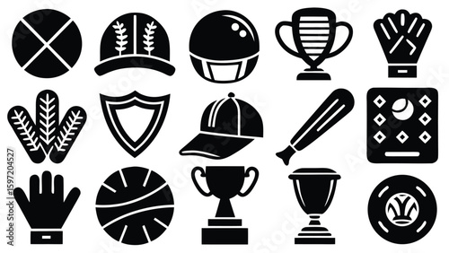 Collection of black silhouette sports equipment and trophies on white background