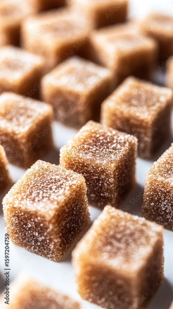 Close up shot of many brown sugar cubes with a sparkling surface on a white background in a pattern Close up shot of many brown sugar cubes with a sparkling surface on a white background in a pattern