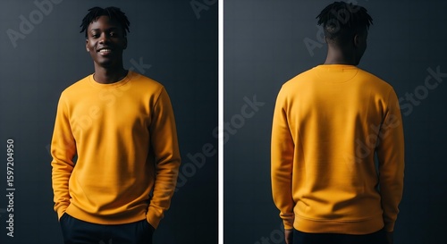 A diptych of a Black male model in a confident pose, wearing a vibrant, mustard yellow crewneck sweatshirt against a dark charcoal grey background.