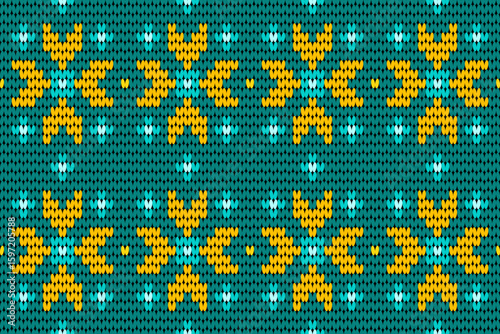 Vibrant knitted pattern with geometric floral shapes in yellow, turquoise, and blue on a textured background. Ideal for cozy textiles, winter crafts, and creative handmade-inspired designs.