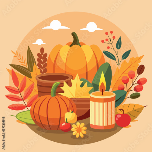 Cozy autumn scene with pumpkins leaves and candle for thanksgiving or harvest celebration