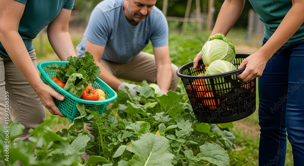 Fototapeta premium Happy family harvesting fresh organic vegetables together in their garden, enjoying healthy lifestyle and community