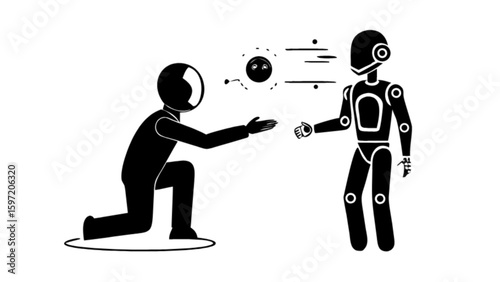 Stick figure offering soul to robot with dotted lines indicating transfer in black and white drawing