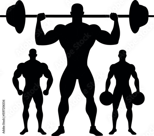 Muscular bodybuilders in silhouette lifting weights and showing off their physique