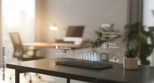 Modern office desk with digital keyboard and business metrics