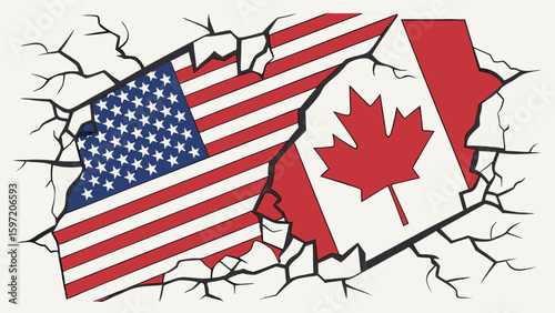 Illustration of the american and canadian flags separated by cracked white background design element