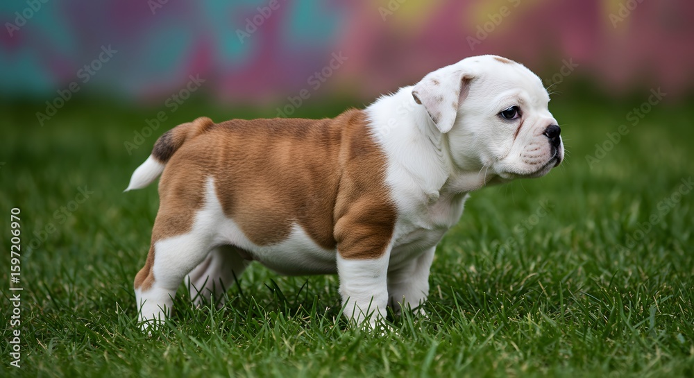 Fototapeta premium White‑Faced Brown Bulldog Puppy on Grass – Adorable Outdoor Pet Photography