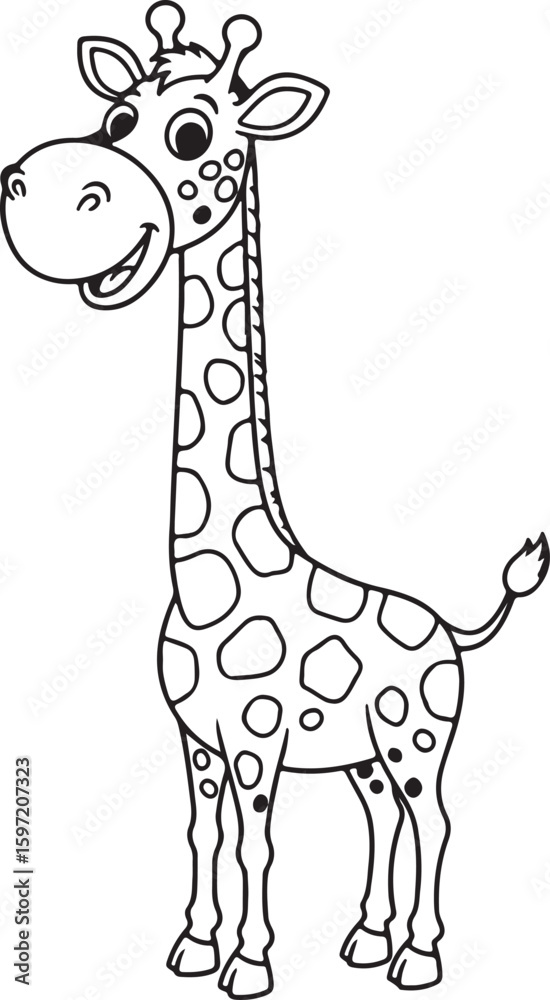 Naklejka premium Smiling giraffe cartoon character standing tall, simple spots, black and white for kids coloring pages