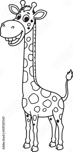 Smiling giraffe cartoon character standing tall, simple spots, black and white for kids coloring pages