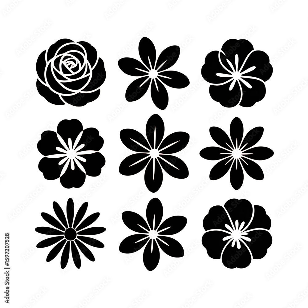 Fototapeta premium Elegant Floral Line Art: Nine Dark Background Flower Designs, Rose, Daisy, and More.
