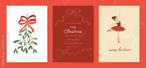 Christmas and Happy holiday greeting card vector set. Elegant wallpaper with holly leaf, tree, bauble, snowflake. Holidays design illustration for cover, print, poster, Happy New Year, ads.
