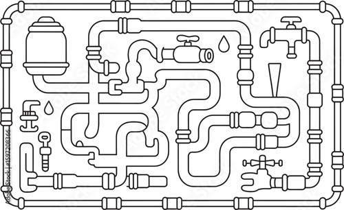 Complex Plumbing System Diagram: Line Art, Technical Illustration, Industrial Design, plumbing, technical drawing, water supply, pipes and fittings, plumbing system