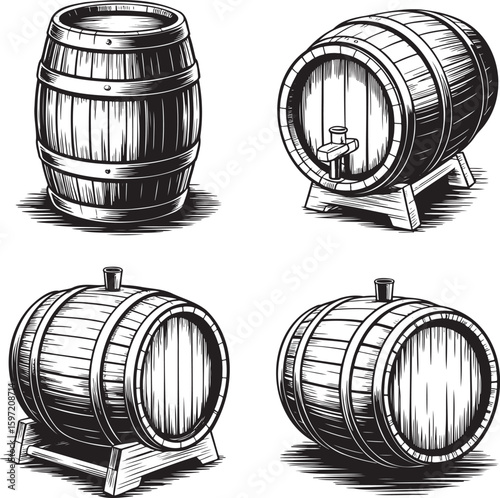 Hand drawn style old wooden wine barrel isolated on transparent background