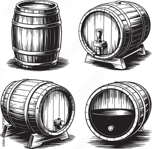 Hand drawn style old wooden wine barrel isolated on transparent background