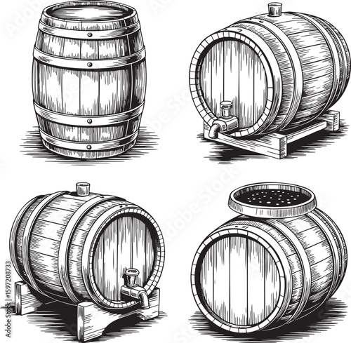 Hand drawn style old wooden wine barrel isolated on transparent background