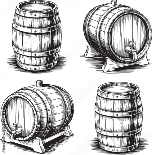 Hand drawn style old wooden wine barrel isolated on transparent background