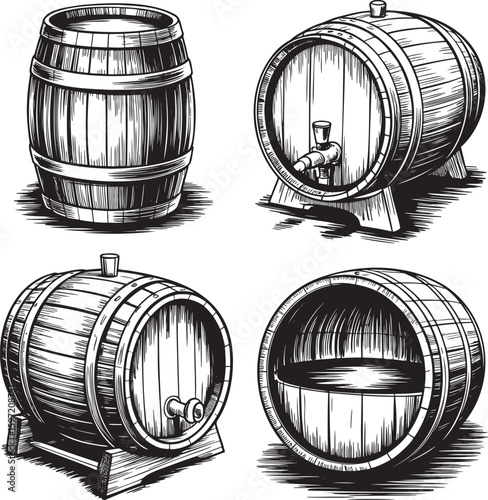 Hand drawn style old wooden wine barrel isolated on transparent background