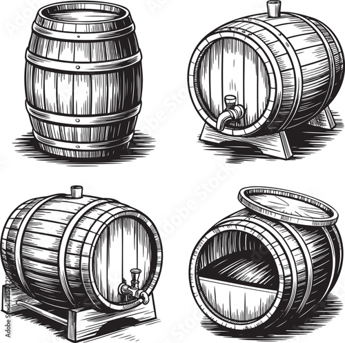 Hand drawn style old wooden wine barrel isolated on transparent background