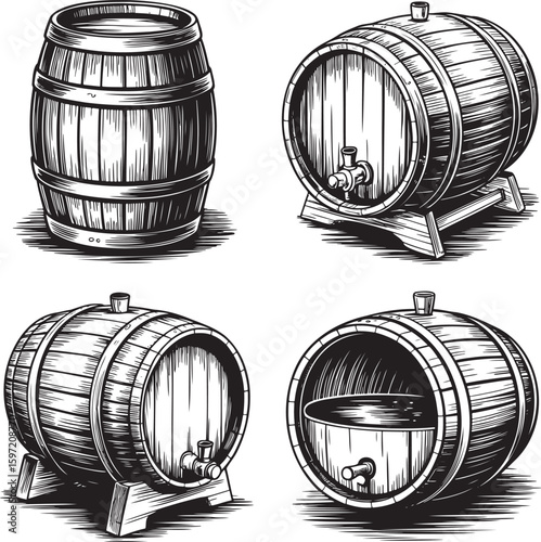 Hand drawn style old wooden wine barrel isolated on transparent background