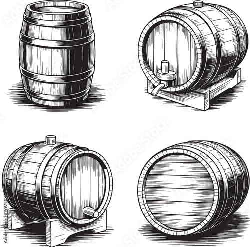 Hand drawn style old wooden wine barrel isolated on transparent background