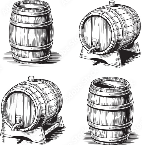 Hand drawn style old wooden wine barrel isolated on transparent background