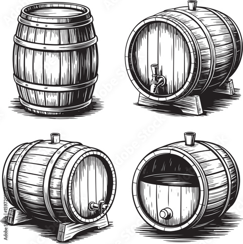 Hand drawn style old wooden wine barrel isolated on transparent background