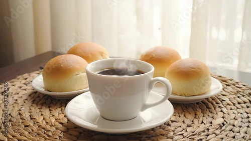 Wallpaper Mural Morning coffee with buns breakfast food photography still life delicious bakery sweet treat fresh baked goods. Coffee and bread on the table. Warm morning breakfast served. Fresh buns with hot coffee Torontodigital.ca