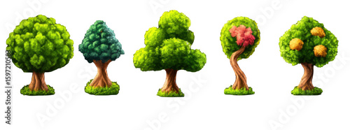 Lush green trees in various shapes and colors create vibrant and lively scene, showcasing beauty of nature diversity and changing seasons