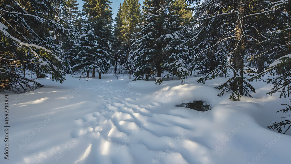 Obraz premium Snowy Forest Path, Winter Wonderland Woods, Pine Trees in Fresh Snow