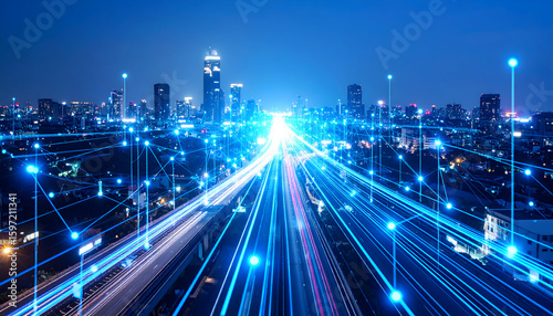 Futuristic Cityscape with Network Lines and Highway Lights at Night