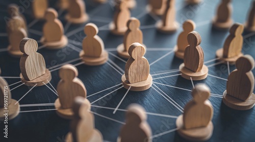 Wooden Figures Connected by Lines, Representing Social Network and Communication