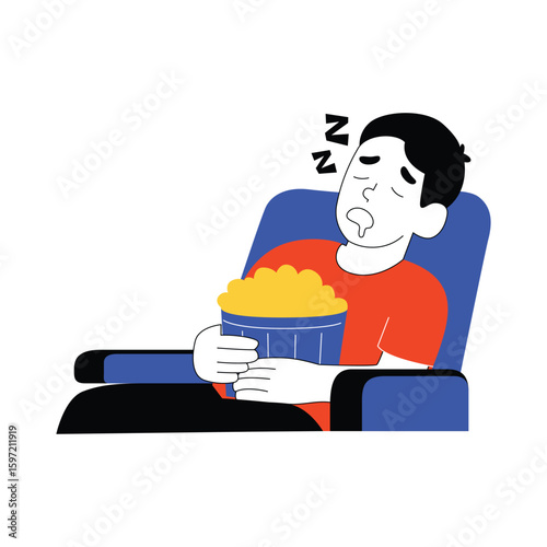 Illustration of a man falling asleep while watching a movie at the cinema