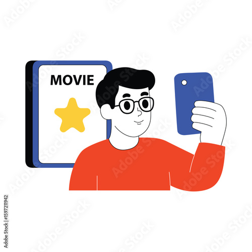 Illustration of a man taking a selfie on a movie poster