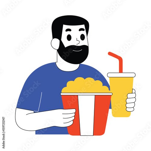 Simple illustration of a man eating popcorn and drinking