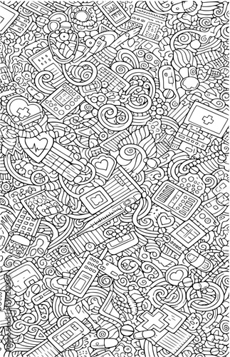 An intricate black and white doodlestyle illustration presents a dense pattern of medical symbols instruments and