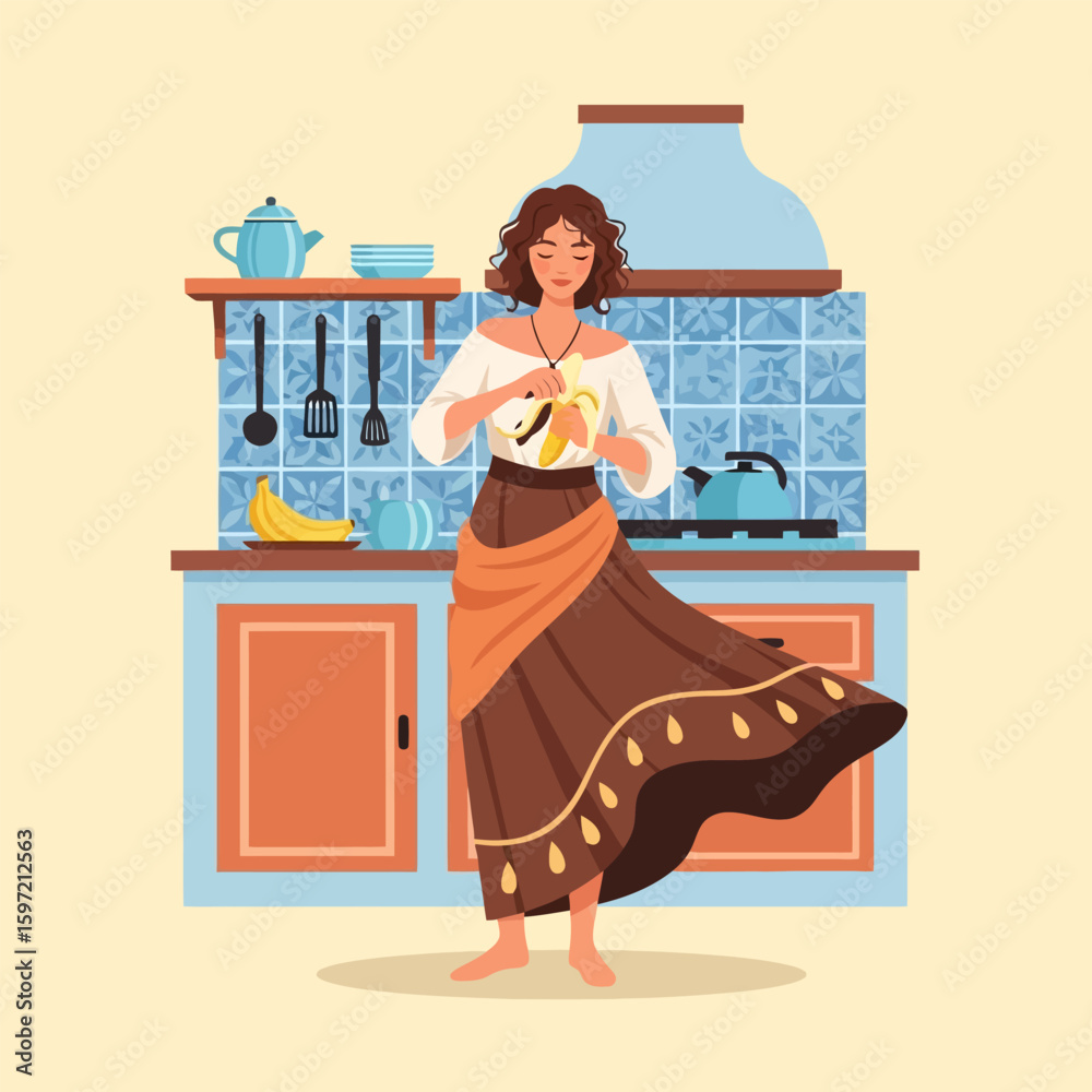 Fototapeta premium Woman Peeling Banana in Kitchen with Traditional Tile Background