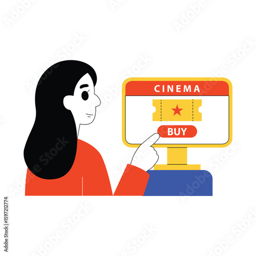 Simple illustration of a woman buying a movie ticket