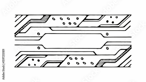 Monochrome abstract design featuring parallel lines and geometric shapes in a symmetrical pattern