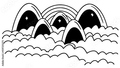 Illustration of mountains with dark caves and stars under a rainbow surrounded by clouds design