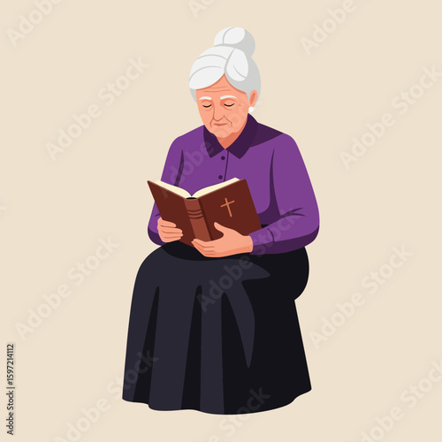 Senior Woman Reading Religious Book Sitting Down with Peaceful Expression