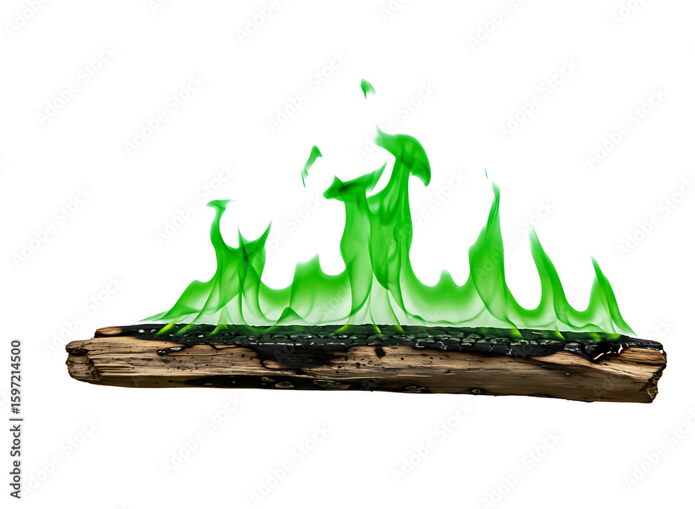 Fototapeta premium Green flames burning on a wooden log isolated on transparent background